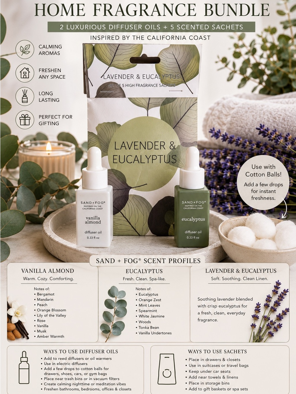 SAND + FOG Home Fragrance Bundle Luxurious Diffuser Oils + 5 Scented Sachets